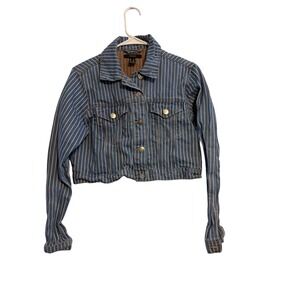 Forever 21 Womens Blue White Striped Cropped Denim Jacket Size M Button Up